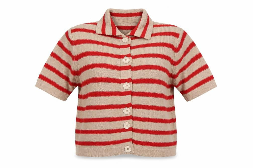 Bianco & Blu Women’s Beige Red Striped Collared Wool Cardigan L