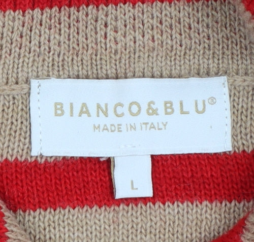 Bianco & Blu Women’s Beige Red Striped Collared Wool Cardigan L