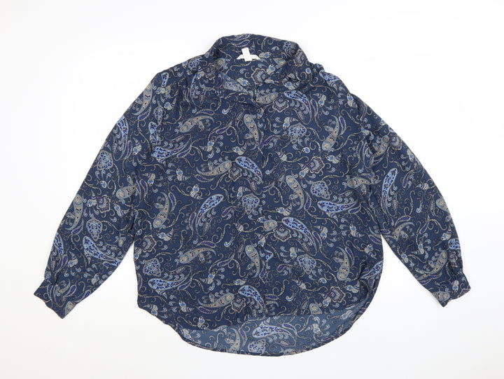 H&M Women’s Blue Paisley Long Sleeve Collared Blouse Size 14