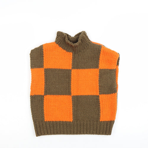 Collusion Women's Orange Brown Check Sleeveless Roll Neck Vest Jumper Size 8