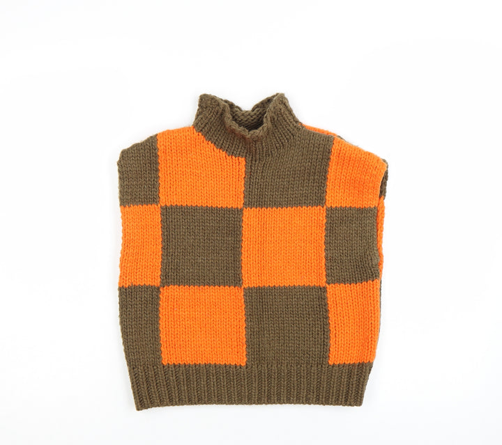 Collusion Women's Orange Brown Check Sleeveless Roll Neck Vest Jumper Size 8