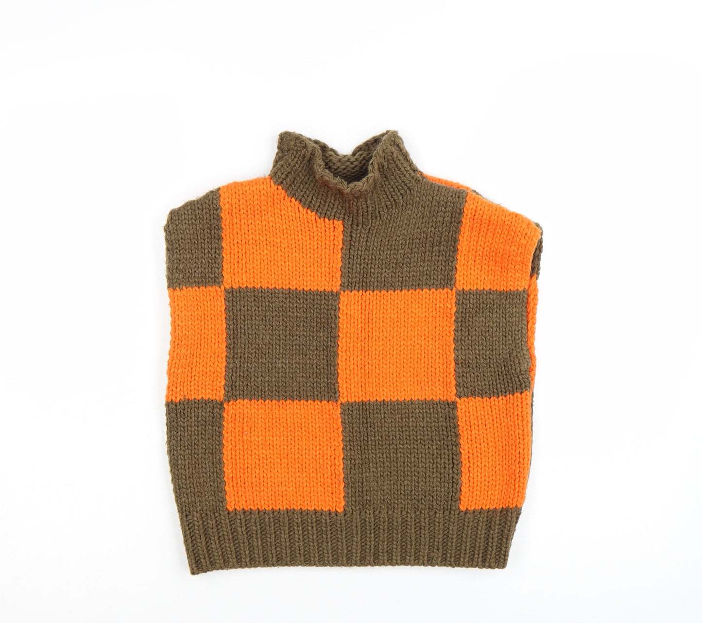 Collusion Women's Orange Brown Check Sleeveless Roll Neck Vest Jumper Size 8