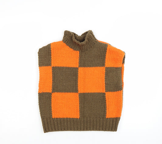 Collusion Women's Orange Brown Check Sleeveless Roll Neck Vest Jumper Size 8