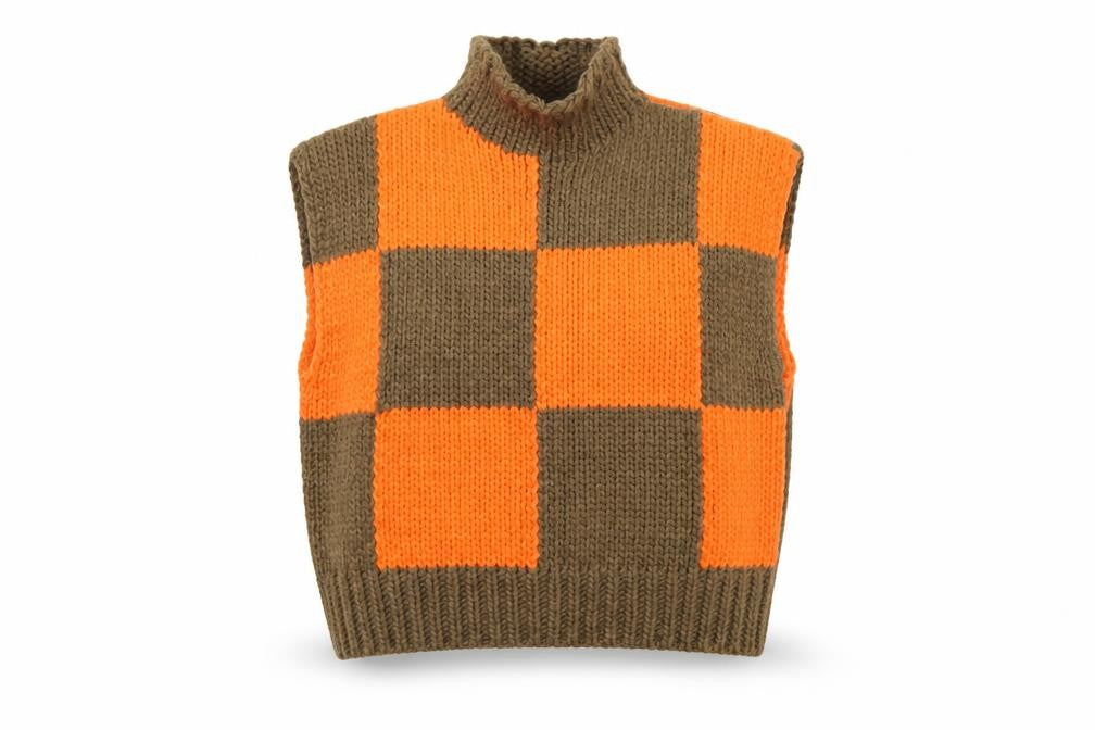 Collusion Women's Orange Brown Check Sleeveless Roll Neck Vest Jumper Size 8