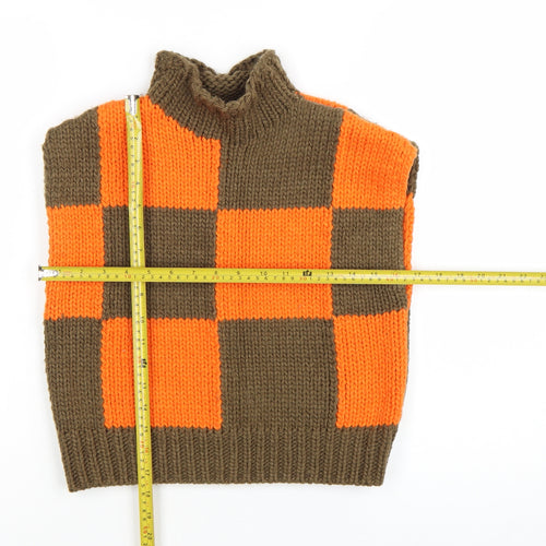 Collusion Women's Orange Brown Check Sleeveless Roll Neck Vest Jumper Size 8