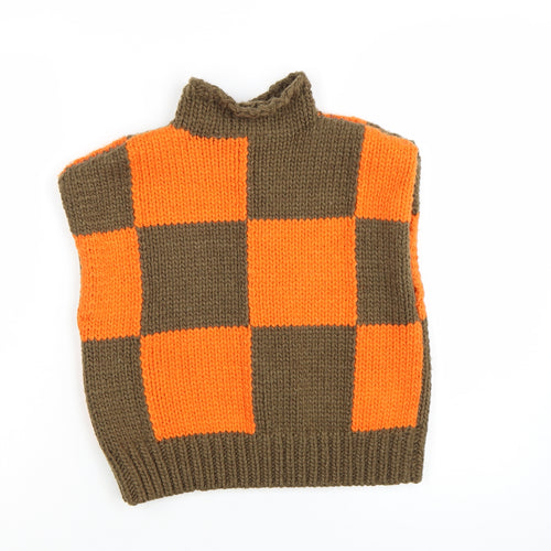 Collusion Women's Orange Brown Check Sleeveless Roll Neck Vest Jumper Size 8