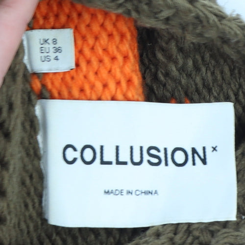 Collusion Women's Orange Brown Check Sleeveless Roll Neck Vest Jumper Size 8