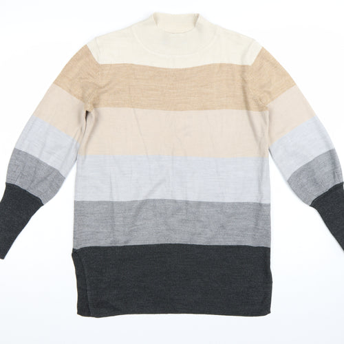 Marks and Spencer Womens Beige Grey Stripe Mock Neck Jumper Size S