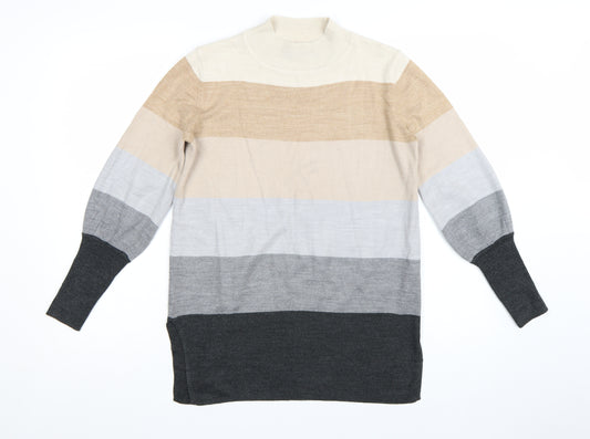 Marks and Spencer Womens Beige Grey Stripe Mock Neck Jumper Size S