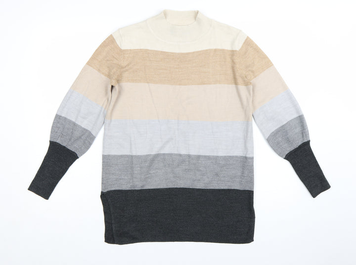 Marks and Spencer Womens Beige Grey Stripe Mock Neck Jumper Size S