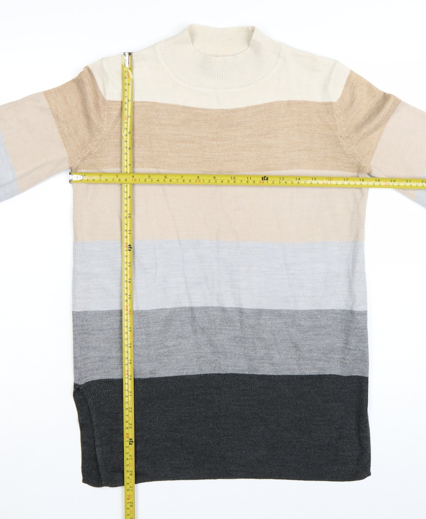 Marks and Spencer Womens Beige Grey Stripe Mock Neck Jumper Size S