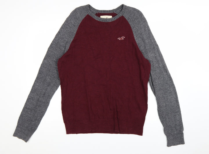 Hollister Men’s Red & Grey Crew Neck Cotton Pullover Jumper Size L