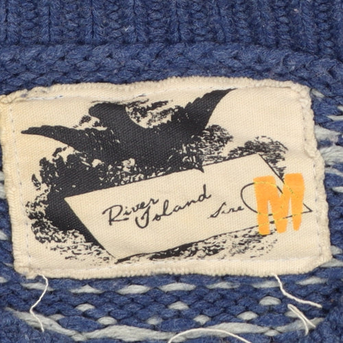 River Island Womens Blue Fair Isle Crew Neck Wool Jumper Size M