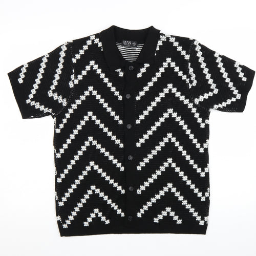 boohooMAN Men's Black White Knit Short Sleeve Cardigan S Retro Style