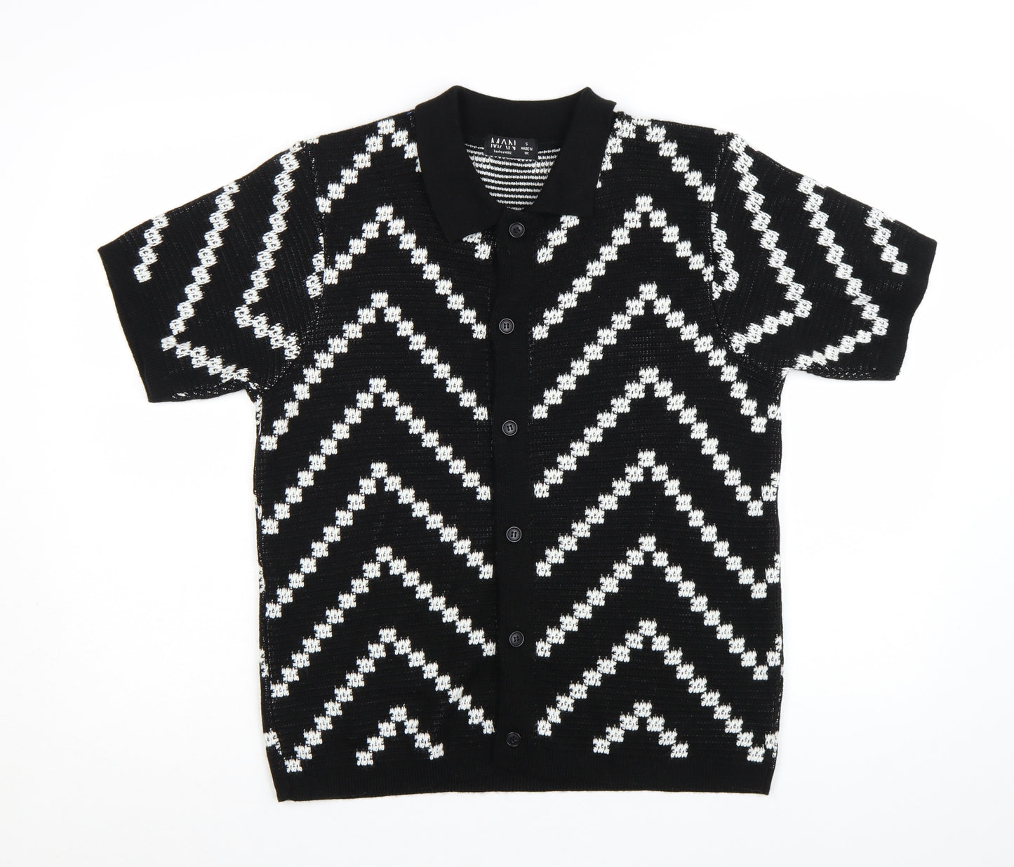 boohooMAN Men's Black White Knit Short Sleeve Cardigan S Retro Style