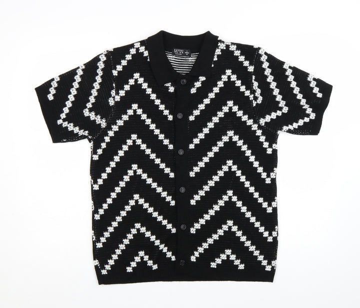 boohooMAN Men's Black White Knit Short Sleeve Cardigan S Retro Style