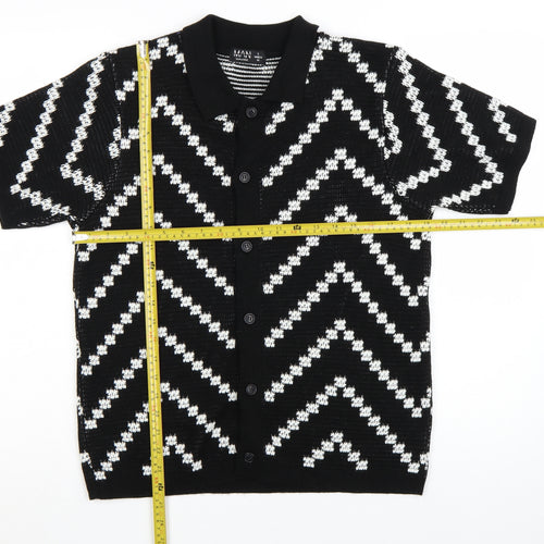 boohooMAN Men's Black White Knit Short Sleeve Cardigan S Retro Style