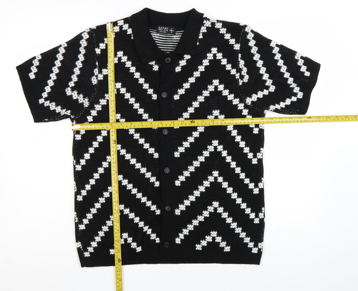 boohooMAN Men's Black White Knit Short Sleeve Cardigan S Retro Style