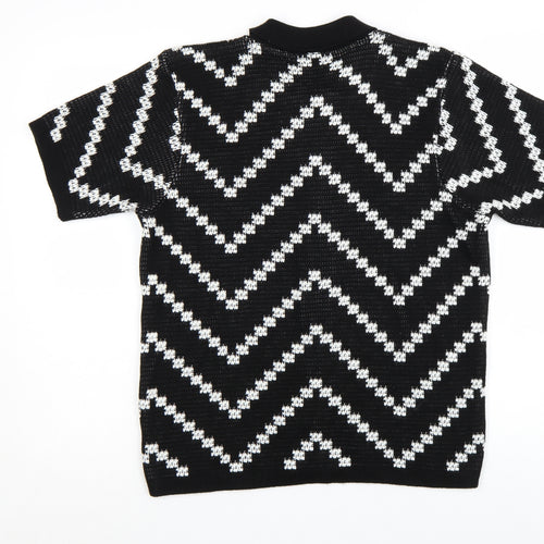 boohooMAN Men's Black White Knit Short Sleeve Cardigan S Retro Style