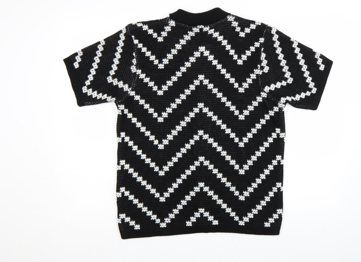 boohooMAN Men's Black White Knit Short Sleeve Cardigan S Retro Style