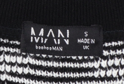 boohooMAN Men's Black White Knit Short Sleeve Cardigan S Retro Style