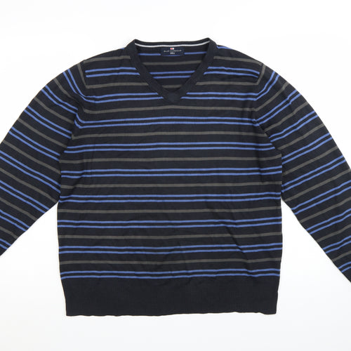 Marks and Spencer Blue Harbour Men's Blue Striped V-Neck Jumper Size L