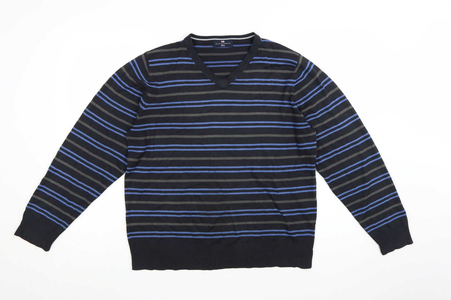 Marks and Spencer Blue Harbour Men's Blue Striped V-Neck Jumper Size L