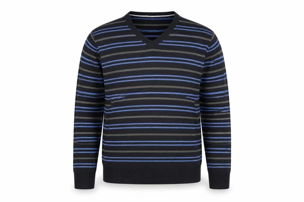 Marks and Spencer Blue Harbour Men's Blue Striped V-Neck Jumper Size L