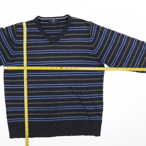 Marks and Spencer Blue Harbour Men's Blue Striped V-Neck Jumper Size L
