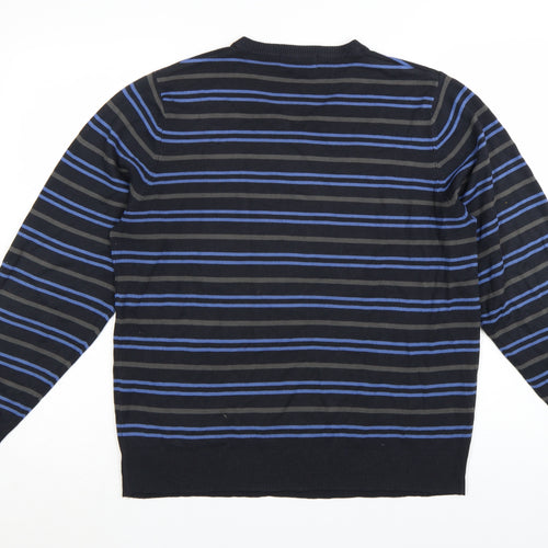 Marks and Spencer Blue Harbour Men's Blue Striped V-Neck Jumper Size L