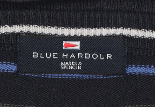 Marks and Spencer Blue Harbour Men's Blue Striped V-Neck Jumper Size L