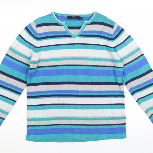 Isle Essentials Women Blue Striped V-Neck Long Sleeve Pullover Jumper Size 14-16