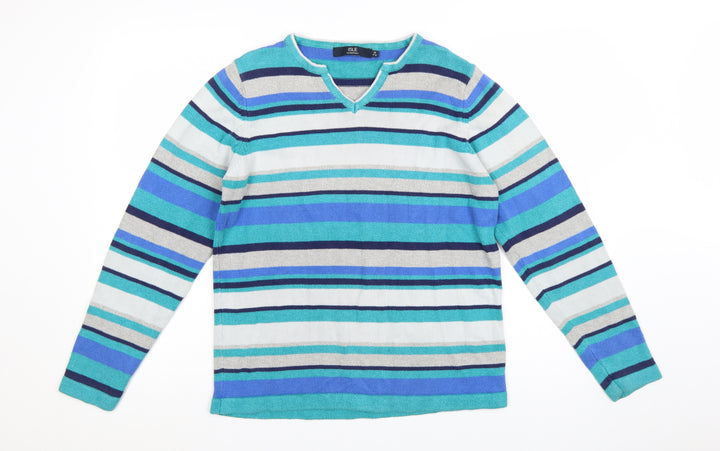 Isle Essentials Women Blue Striped V-Neck Long Sleeve Pullover Jumper Size 14-16