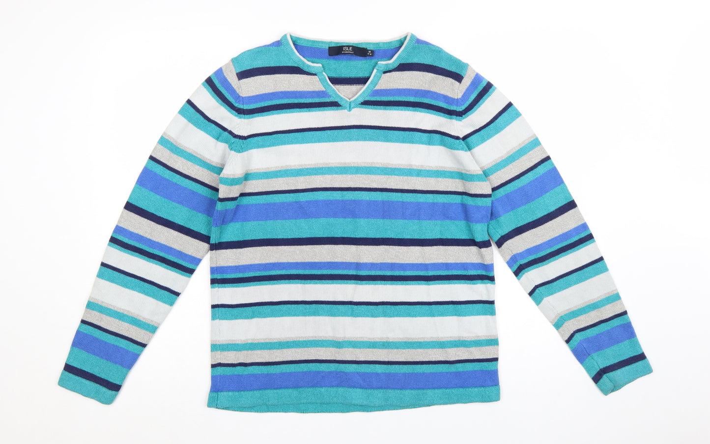 Isle Essentials Women Blue Striped V-Neck Long Sleeve Pullover Jumper Size 14-16