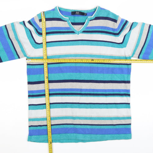 Isle Essentials Women Blue Striped V-Neck Long Sleeve Pullover Jumper Size 14-16
