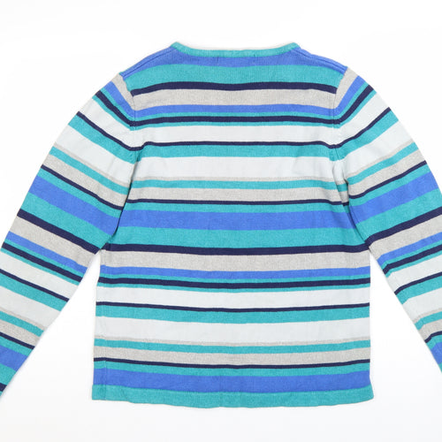 Isle Essentials Women Blue Striped V-Neck Long Sleeve Pullover Jumper Size 14-16
