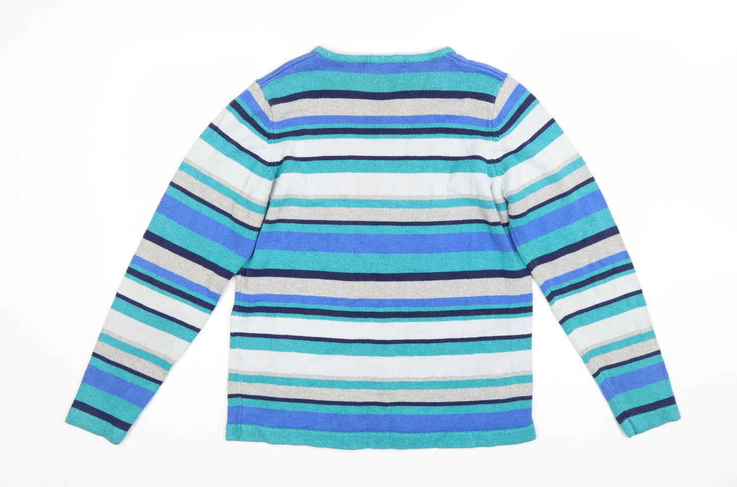 Isle Essentials Women Blue Striped V-Neck Long Sleeve Pullover Jumper Size 14-16