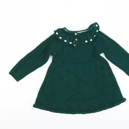 Tahari Baby Girls Green Knit Long Sleeve Dress 18-24 Months Winter A-Line
