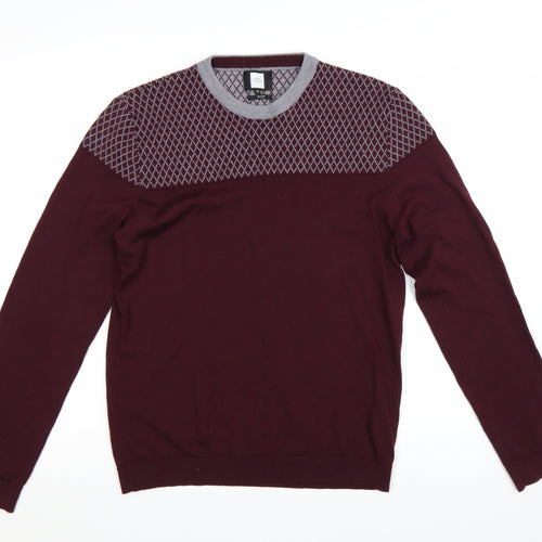 Moss London Men’s Red Slim Fit Argyle Pullover Jumper Size M