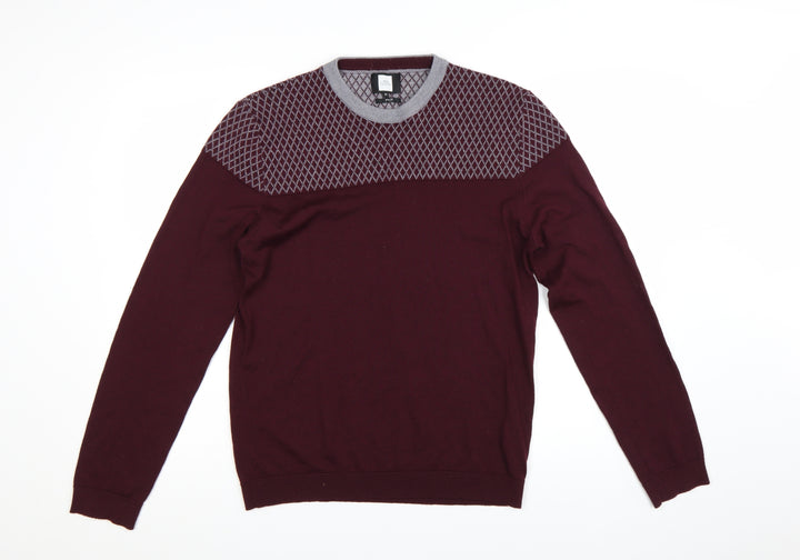 Moss London Men’s Red Slim Fit Argyle Pullover Jumper Size M