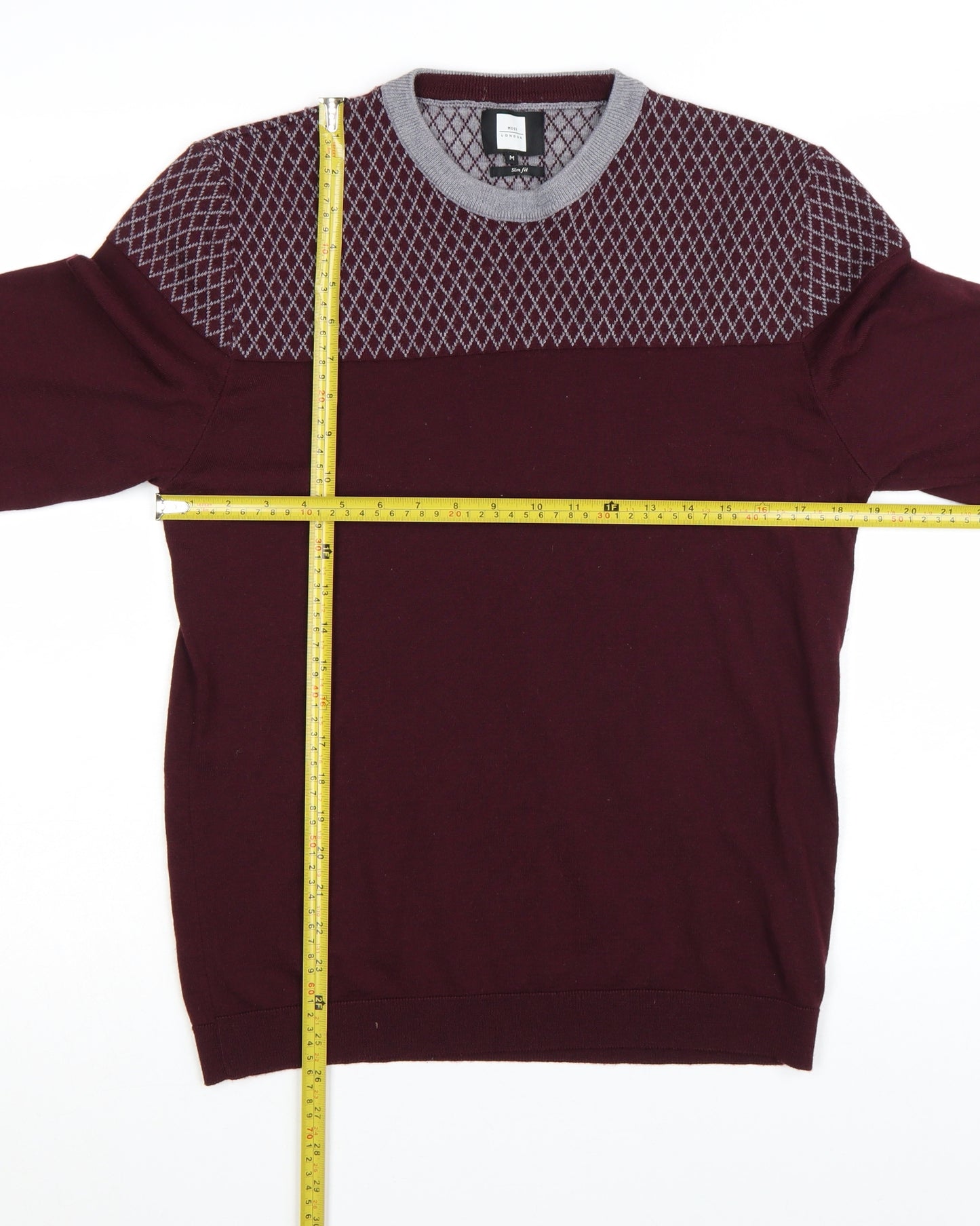 Moss London Men’s Red Slim Fit Argyle Pullover Jumper Size M