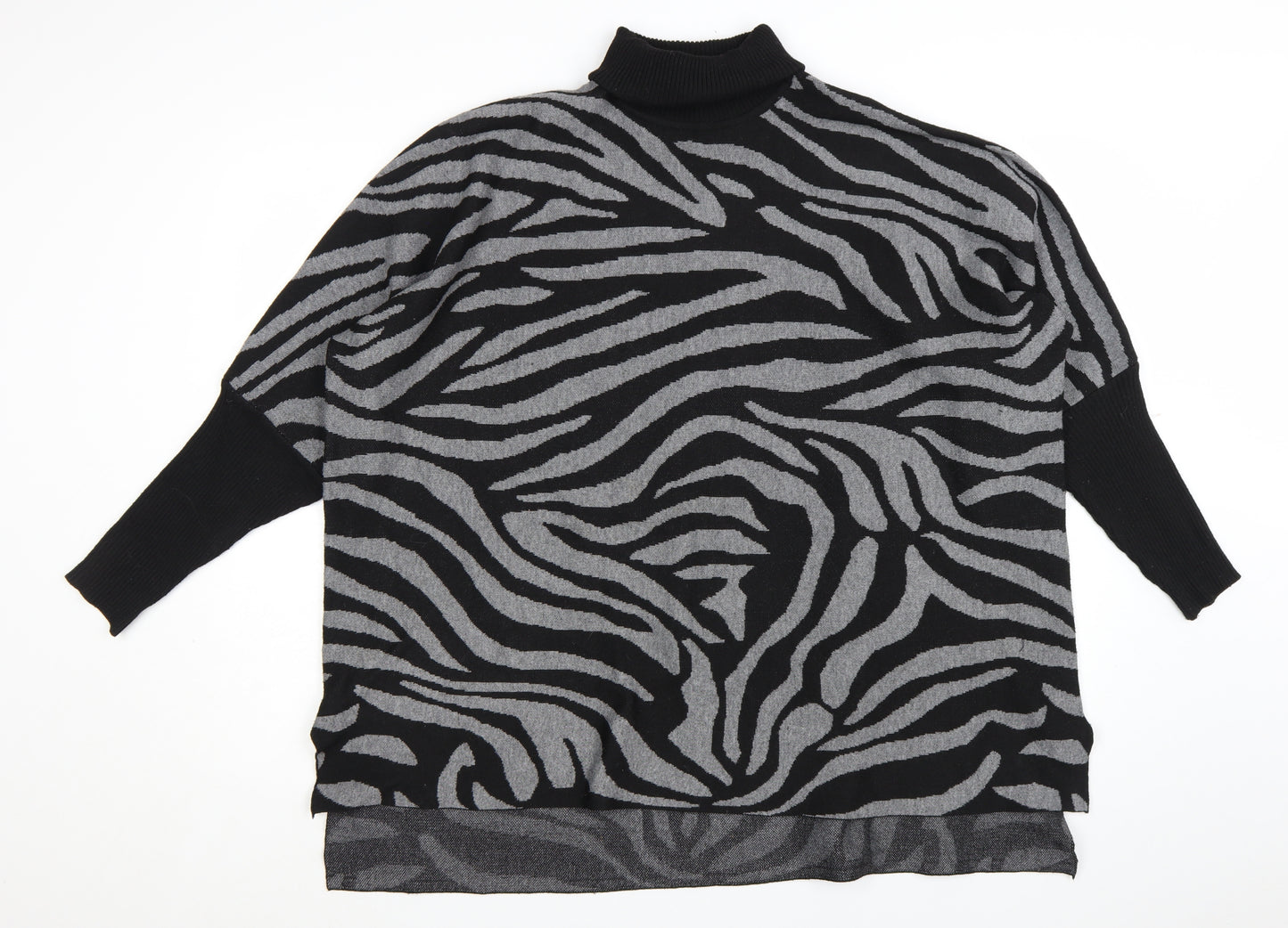 Colour Eighteen Women's Black Grey Animal Print Roll Neck Jumper M