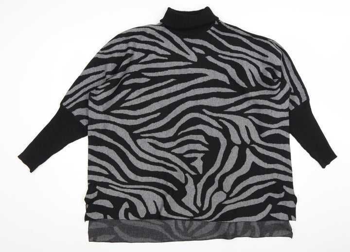 Colour Eighteen Women's Black Grey Animal Print Roll Neck Jumper M
