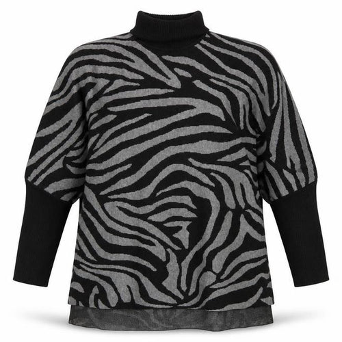 Colour Eighteen Women's Black Grey Animal Print Roll Neck Jumper M