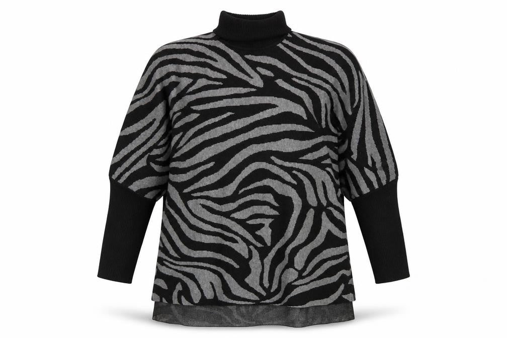 Colour Eighteen Women's Black Grey Animal Print Roll Neck Jumper M