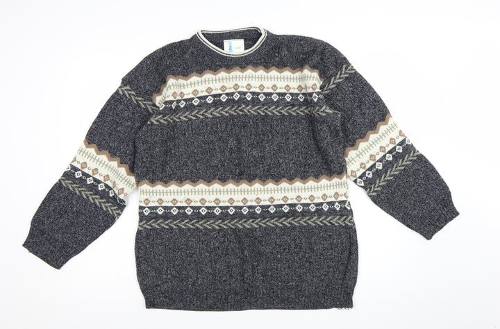 Kilroy Men's Grey Fair Isle Chunky Knit Acrylic Jumper Size L