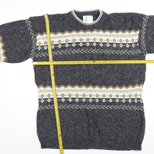 Kilroy Men's Grey Fair Isle Chunky Knit Acrylic Jumper Size L