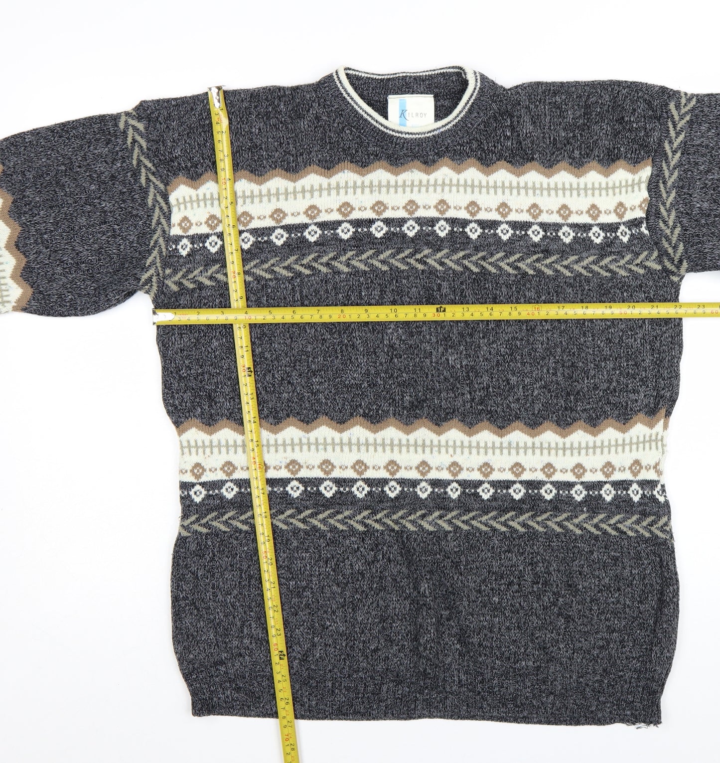 Kilroy Men's Grey Fair Isle Chunky Knit Acrylic Jumper Size L