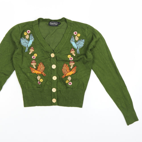 Voodoo Vixen Womens Green Embroidered Bird Button Cardigan Size 10