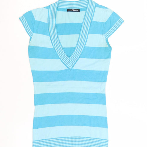 Jane Norman Women Blue Striped V-Neck Short Sleeve Pullover Jumper Size 10